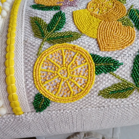 NEW America & Beyond Beaded Lemon Pom Pom Woven Cotton Summer Travel Beach Tote - Picture 5 of 16